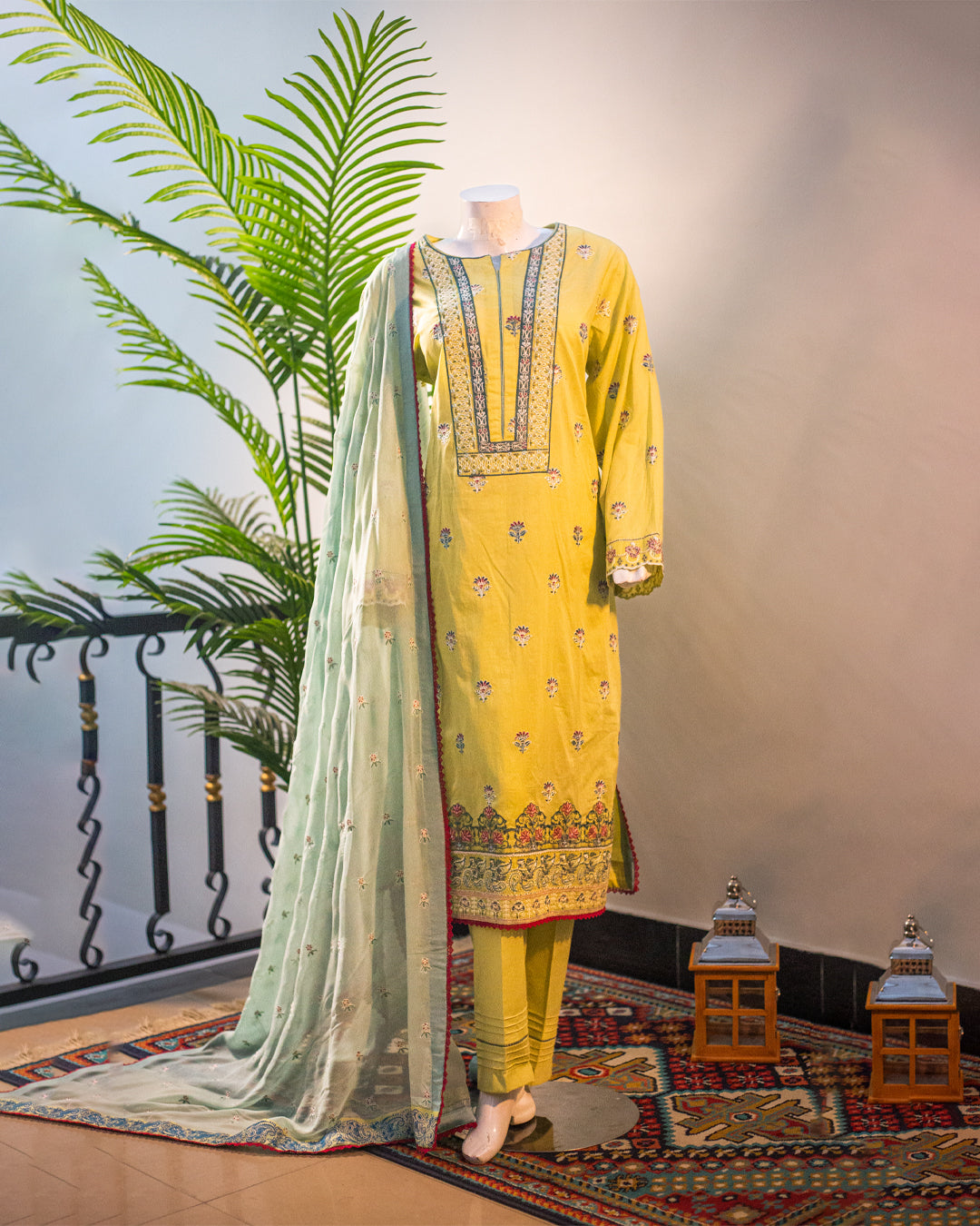 🌿 Jungle Theme Collection – Qalamkar 3-Piece Embroidered Set (Light Green, Large) - JT05