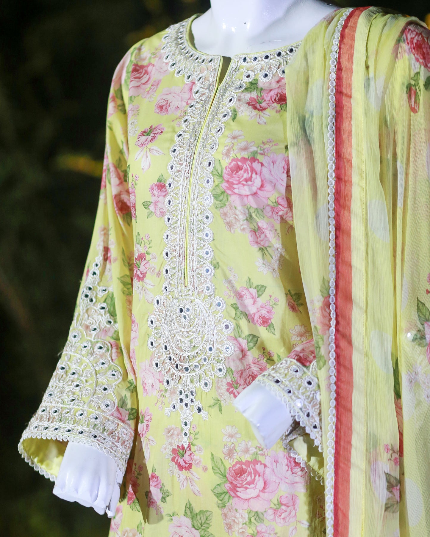 Laamana Collection – Maria B 3-Piece Embroidered Lawn Suit in Lime Yellow (Medium) LM37