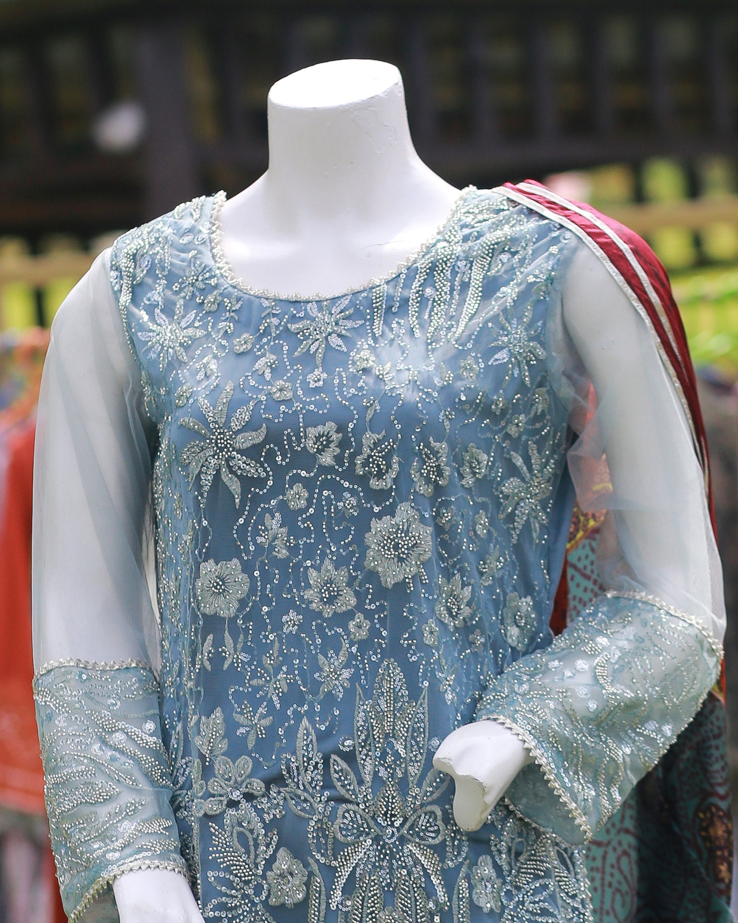 Laamana Collection – 3-Piece Embellished Net & Silk Ensemble in Blue-Grey (Medium) - LA41