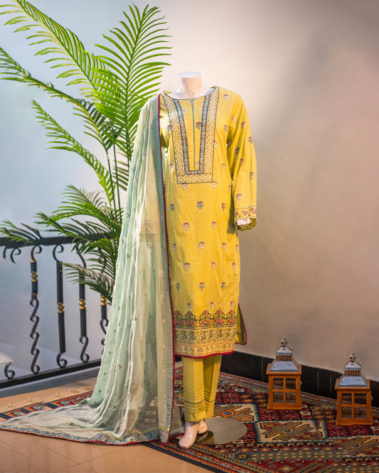 🌿 Jungle Theme Collection – Qalamkar 3-Piece Embroidered Set (Light Green, Large) - JT05