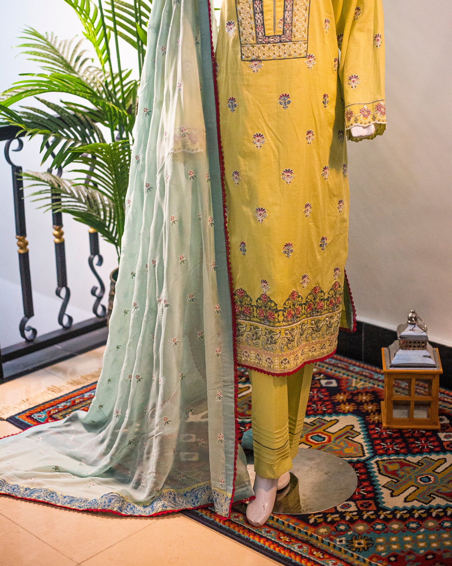 🌿 Jungle Theme Collection – Qalamkar 3-Piece Embroidered Set (Light Green, Large) - JT05