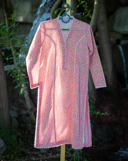 Bobrai Collection – Ethnic 1-Piece Cotton Silk Shirt in Floral Pink