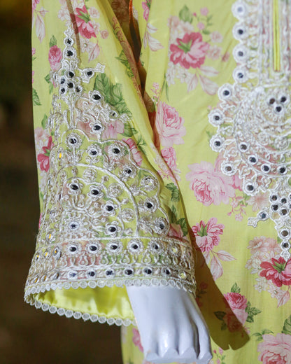 Laamana Collection – Maria B 3-Piece Embroidered Lawn Suit in Lime Yellow (Medium) LM37