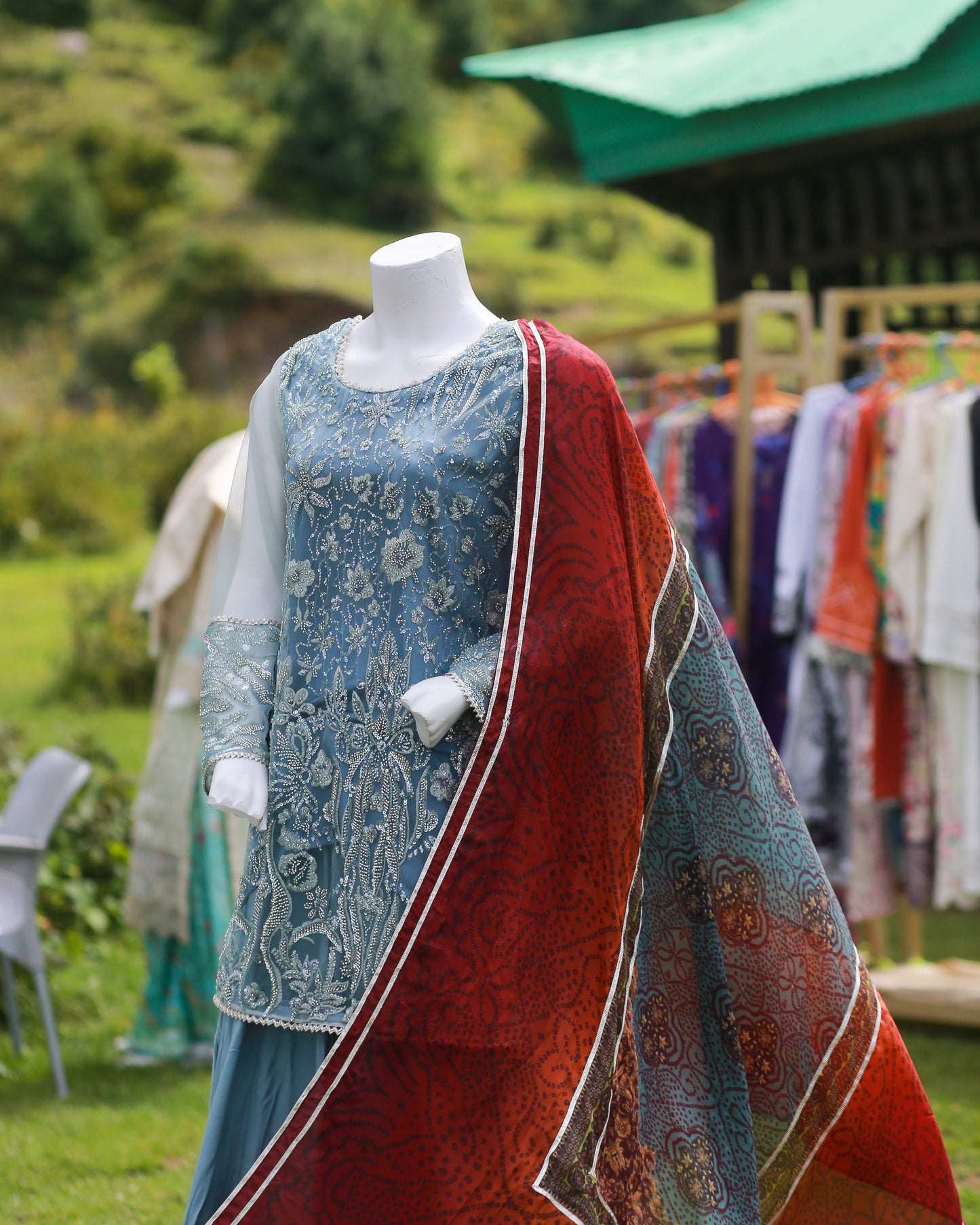 Laamana Collection – 3-Piece Embellished Net & Silk Ensemble in Blue-Grey (Medium) - LA41