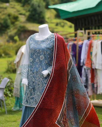 Laamana Collection – 3-Piece Embellished Net & Silk Ensemble in Blue-Grey (Medium) - LA41