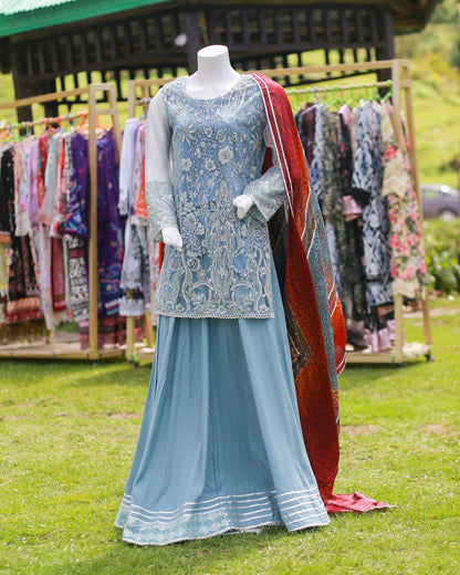 Laamana Collection – 3-Piece Embellished Net & Silk Ensemble in Blue-Grey (Medium) - LA41