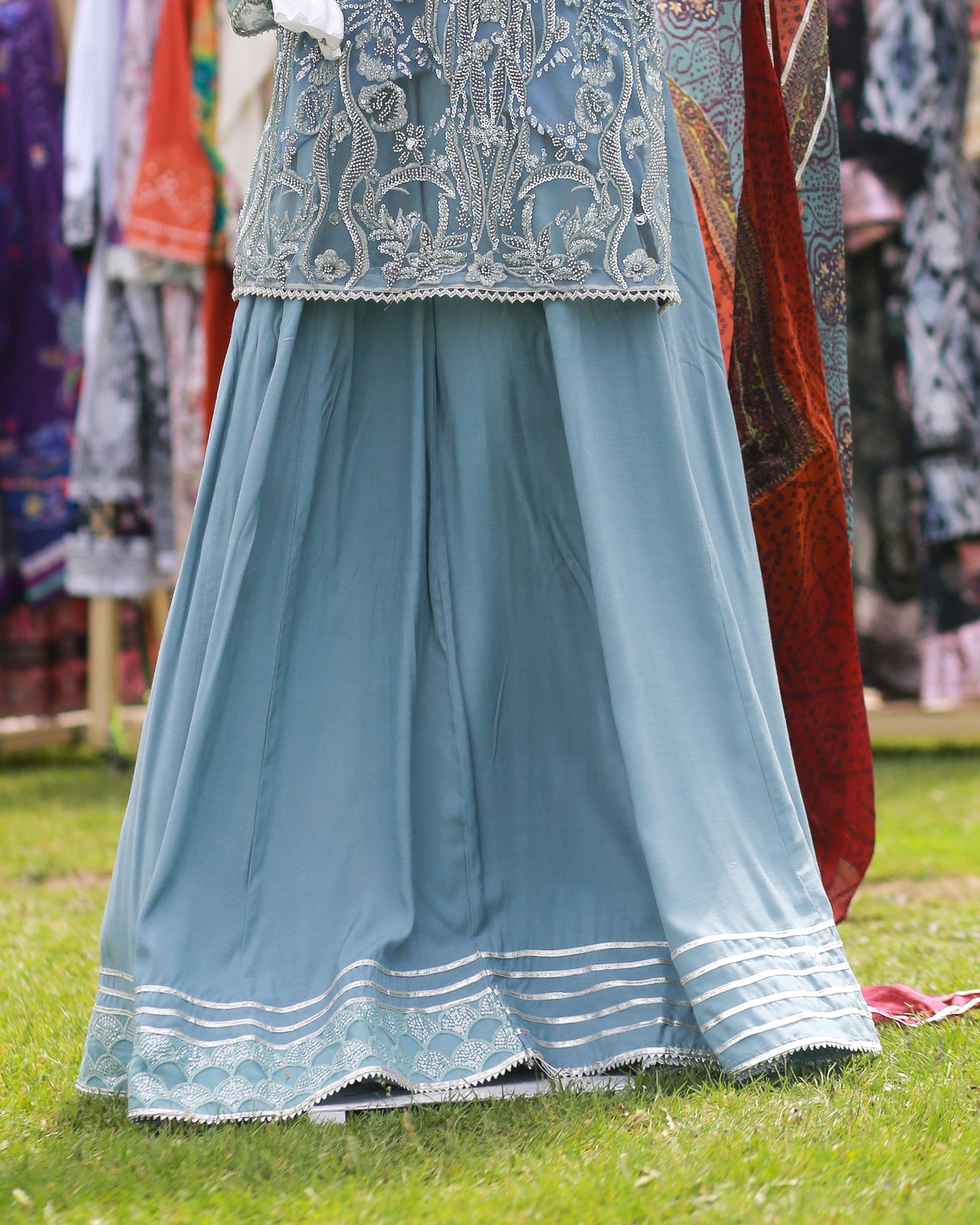 Laamana Collection – 3-Piece Embellished Net & Silk Ensemble in Blue-Grey (Medium) - LA41