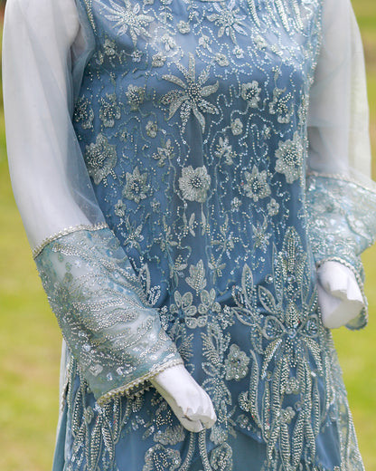 Laamana Collection – 3-Piece Embellished Net & Silk Ensemble in Blue-Grey (Medium) - LA41